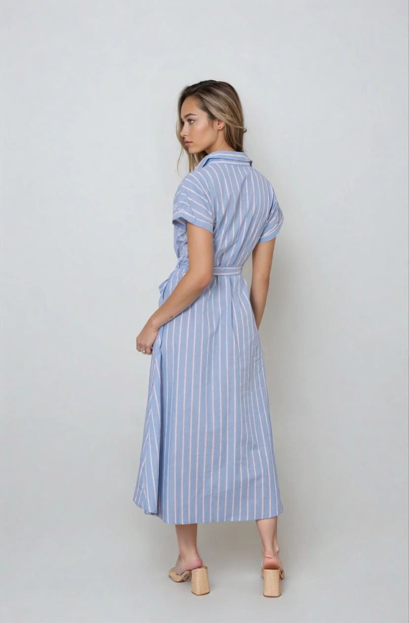 Robe chemise midi rayée, esprit couture