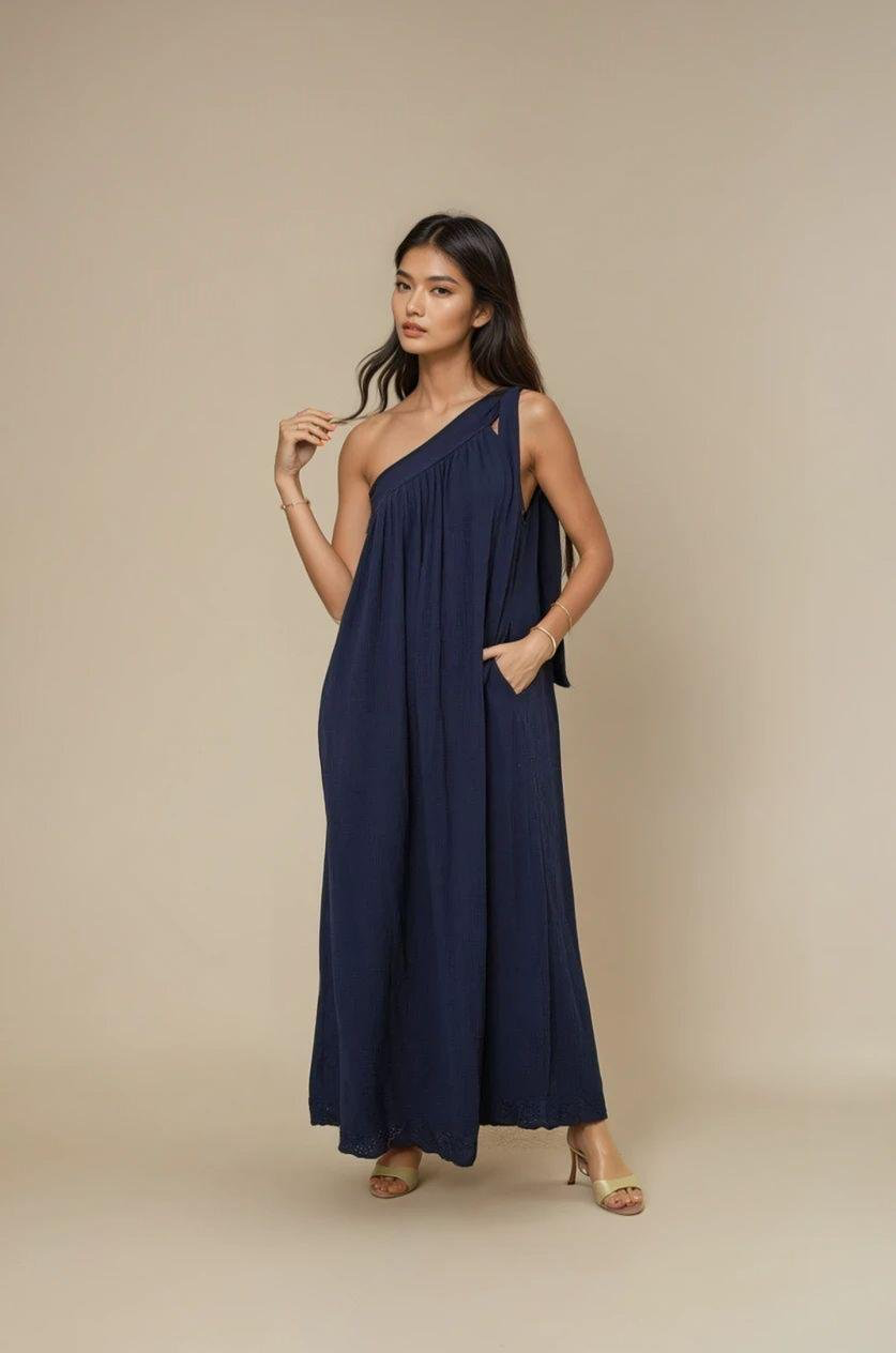 Robe longue asymétrique en coton, esprit couture