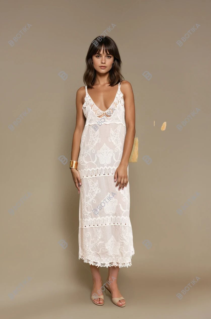 Robe midi en dentelle de coton blanche, esprit couture